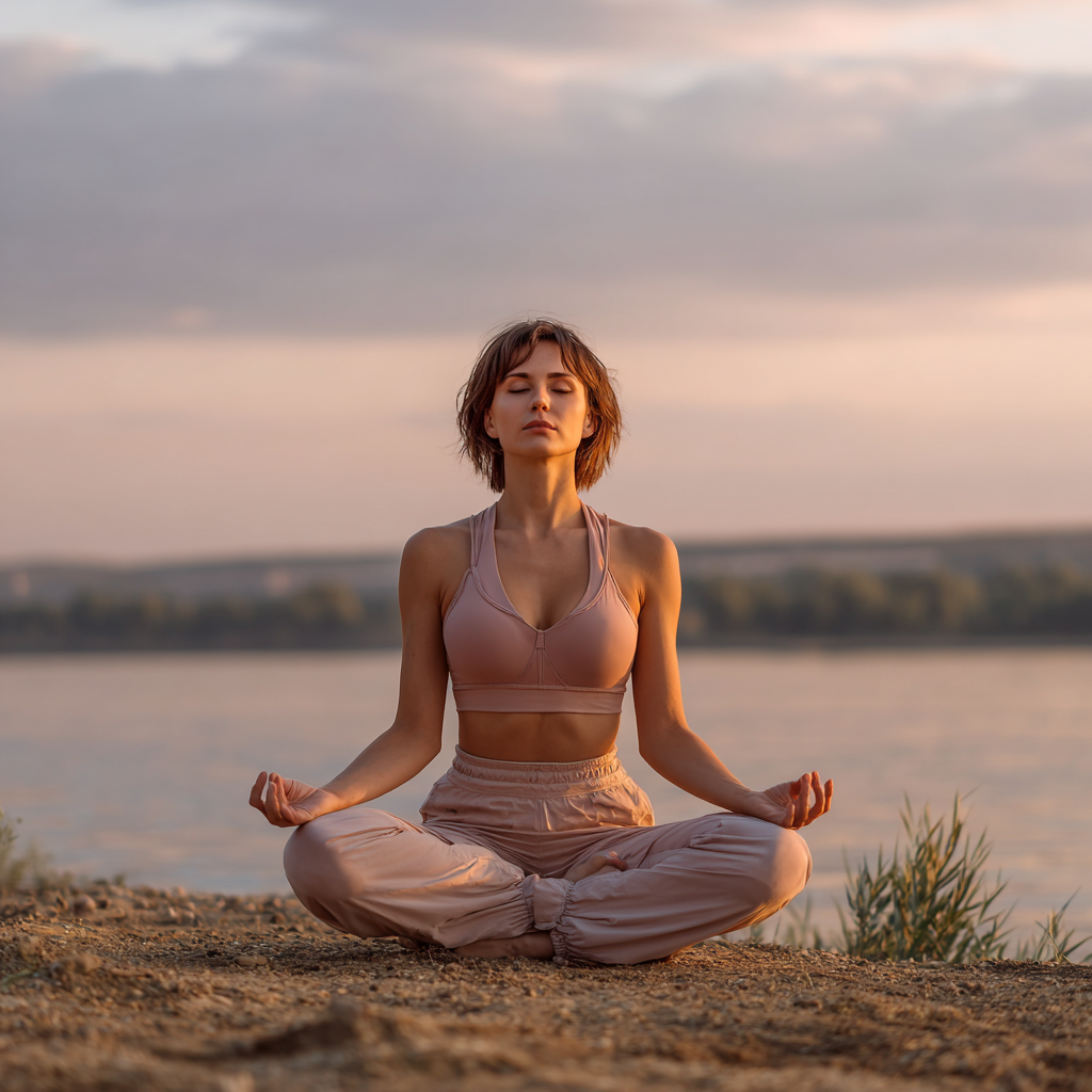 Žena v joga poze pri východe slnka